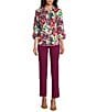 Color:Brushed Floral - Image 3 - Petite Size Taylor Gold Label Non-Iron Brushed Floral Point Collar 3/4 Sleeve Point Collar Y-Neck Button Front Shirt
