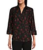 Color:Poppy Floral - Image 1 - Petite Size Taylor Gold Label Non-Iron Point Collar 3/4 Sleeve Poppy Floral Print Button Front Shirt