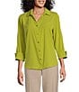 Investments Petite Size Woven 3/4 Sleeve Point Collar Button Front Split Cuff Top, Color:Split Pea Green - Image 1