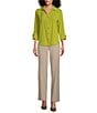 Investments Petite Size Woven 3/4 Sleeve Point Collar Button Front Split Cuff Top, Color:Split Pea Green - Image 3