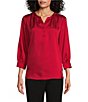 Color:Chili Pepper - Image 1 - Petite Size Woven 3/4 Sleeve Y-Neck Placket Top