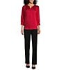 Color:Chili Pepper - Image 3 - Petite Size Woven 3/4 Sleeve Y-Neck Placket Top