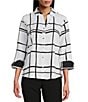 Investments Petite Size Woven Blocked Plaid 3/4 Sleeve Point Collar Button Front Split Cuff Top, Color:Blocked Plaid - Image 1