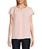 Color:Crystal Rose - Image 1 - Petite Size Woven Button Front Flutter Cap Sleeve Top