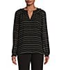 Color:Linear Dash - Image 1 - Petite Size Woven Linear Dash Long Sleeve Pleated V-Neck Top