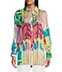 Investments Petite Size Woven Multi Patch Floral Long Sleeve Point Collar Button Front Top, Color:Multi Patch Floral - Image 1