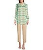 Investments Petite Size Woven Multi Windowpane Plaid Long Sleeve Point Collar Button Front Top, Color:Multi Windowpane Plaid - Image 3