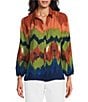 Color:Blurry Stripe - Image 1 - Petite Size Woven Point Collar 3/4 Sleeve Button Front Top