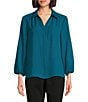 Color:Deep Lagoon - Image 1 - Petite Size Woven Point Collar 3/4 Sleeve Button Front Top