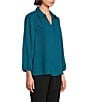 Color:Deep Lagoon - Image 3 - Petite Size Woven Point Collar 3/4 Sleeve Button Front Top