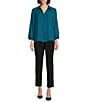 Color:Deep Lagoon - Image 5 - Petite Size Woven Point Collar 3/4 Sleeve Button Front Top
