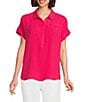 Investments Petite Size Woven Short Sleeve Point Collar Partial Button Front Top, Color:Virtual Pink - Image 1