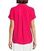 Investments Petite Size Woven Short Sleeve Point Collar Partial Button Front Top, Color:Virtual Pink - Image 2