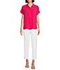 Investments Petite Size Woven Short Sleeve Point Collar Partial Button Front Top, Color:Virtual Pink - Image 3