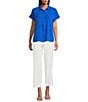 Investments Petite Size Woven Short Sleeve Point Collar Partial Button Front Top, Color:Blue Lolite - Image 3