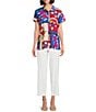 Investments Petite Size Woven Stamp Patch Short Sleeve Point Collar Partial Button Front Top, Color:Stamp Patch - Image 3