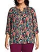 Color:Abstract Leaves - Image 1 - Plus Size 3/4 Sleeve Smocked Ruffle Y-Neck Partial Button Front Top