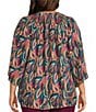 Color:Abstract Leaves - Image 2 - Plus Size 3/4 Sleeve Smocked Ruffle Y-Neck Partial Button Front Top
