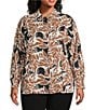 Investments Plus Size Abstract Leaves Dolman Long Sleeve Button Front Point Collar Blouse, Color:Abstract Leaves - Image 1