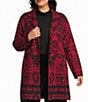 Investments Plus Size Black/Red Jacquard Long Sleeve Button Front Knit Cardigan - Image 1