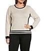 Investments Plus Size Border Stripe Long Sleeve Crew Neck Pullover Top, Color:Border Stripe - Image 1