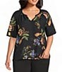 Investments Plus Size Botanical Floral Print Short Ruffle Sleeve Split-V Neck Blouse - Image 1
