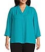 Investments Plus Size Caroline Signature V-Neck 3/4 Sleeve Button Front Blouse, Color:Capri Breeze Blue - Image 1