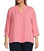 Investments Plus Size Caroline Signature V-Neck 3/4 Sleeve Button Front Blouse, Color:Strawberry Pink - Image 1