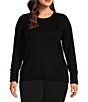Color:Black - Image 1 - Plus Size Crew Neck Long Sleeve Button Cuff Sweater