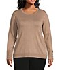 Color:Camel - Image 1 - Plus Size Crew Neck Long Sleeve Button Cuff Sweater