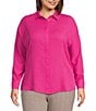 Investments Plus Size Dolman Long Sleeve Button Front Point Collar Blouse, Color:Very Berry - Image 1