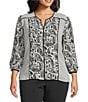 Investments Plus Size Dotted Paisley Mixed Print 3/4 Sleeve Split Round Neck Blouse - Image 1