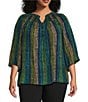 Color:Dotty Stripe - Image 1 - Plus Size Dotty Stripe 3/4 Sleeve Smocked Ruffle Y-Neck Partial Button Front Top