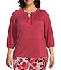Color:Earth Red - Image 1 - Plus Size Knit Pleated Tie Split V-Neck 3/4 Sleeve Top