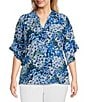 Color:Upbeat Bloom - Image 1 - Plus Size Laikyn Signature Upbeat Bloom Print V-Neck 3/4 Ruffled Sleeve Top