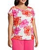 Investments Plus Size Magenta Chrysanthemum Print Cap Sleeve Boat Neck Rory Knit Tee - Image 3
