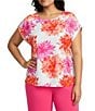 Investments Plus Size Magenta Chrysanthemum Print Cap Sleeve Boat Neck Rory Knit Tee - Image 1