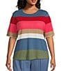 Color:Multi Stripe - Image 1 - Plus Size Multi Stripe Short Sleeve Crew Neck Knit Top