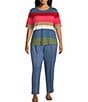 Color:Multi Stripe - Image 3 - Plus Size Multi Stripe Short Sleeve Crew Neck Knit Top