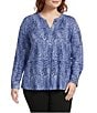 Investments Plus Size Nora Mazarine Scroll Long Sleeve Y-Neck Drapey Twill Blouse, Color:Mazarine Scroll - Image 1