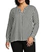 Investments Plus Size Nora Stripe Long Sleeve Y-Neck Drapey Twill Blouse, Color:Black/White Stripe - Image 1