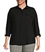 Color:Black - Image 1 - Plus Size Olivia Point Collar Long Sleeve Button Front Roll-Tab Utility Blouse
