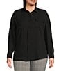 Color:Black - Image 4 - Plus Size Olivia Point Collar Long Sleeve Button Front Roll-Tab Utility Blouse