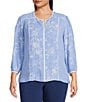 Investments Plus Size Paired Stripe Mixed Print 3/4 Sleeve Split Round Neck Blouse - Image 1