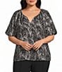 Investments Plus Size Palm Stencil Print 3/4 Bubble Sleeve Split V-Neck Blouse - Image 1