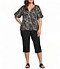 Investments Plus Size Palm Stencil Print 3/4 Bubble Sleeve Split V-Neck Blouse - Image 3