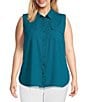 Color:Deep Lagoon - Image 1 - Plus Size Point Collar Sleeveless Button Tie Front Top