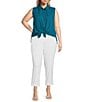 Color:Deep Lagoon - Image 3 - Plus Size Point Collar Sleeveless Button Tie Front Top