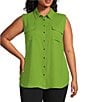 Color:Kelp Forest - Image 1 - Plus Size Point Collar Sleeveless Button Tie Front Top
