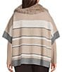 Investments Plus Size Removeable Faux Fur Collar Two-Way Zip Front Stripe Sweater Poncho, Color:Coca Mocha Stripe - Image 3